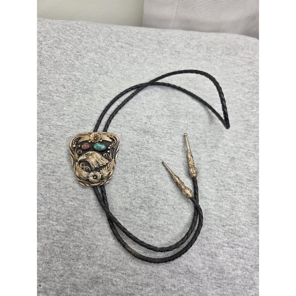 Vintage Southwestern Silversmiths Silver Eagle Bolo Tie Turquoise Red Coral